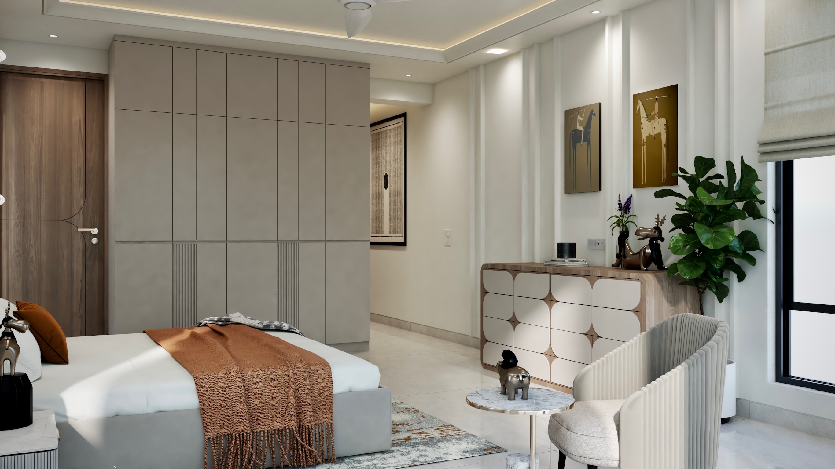 Bedroom interior with patterned dresser, fiddle leaf fig, and warm contemporary palette.