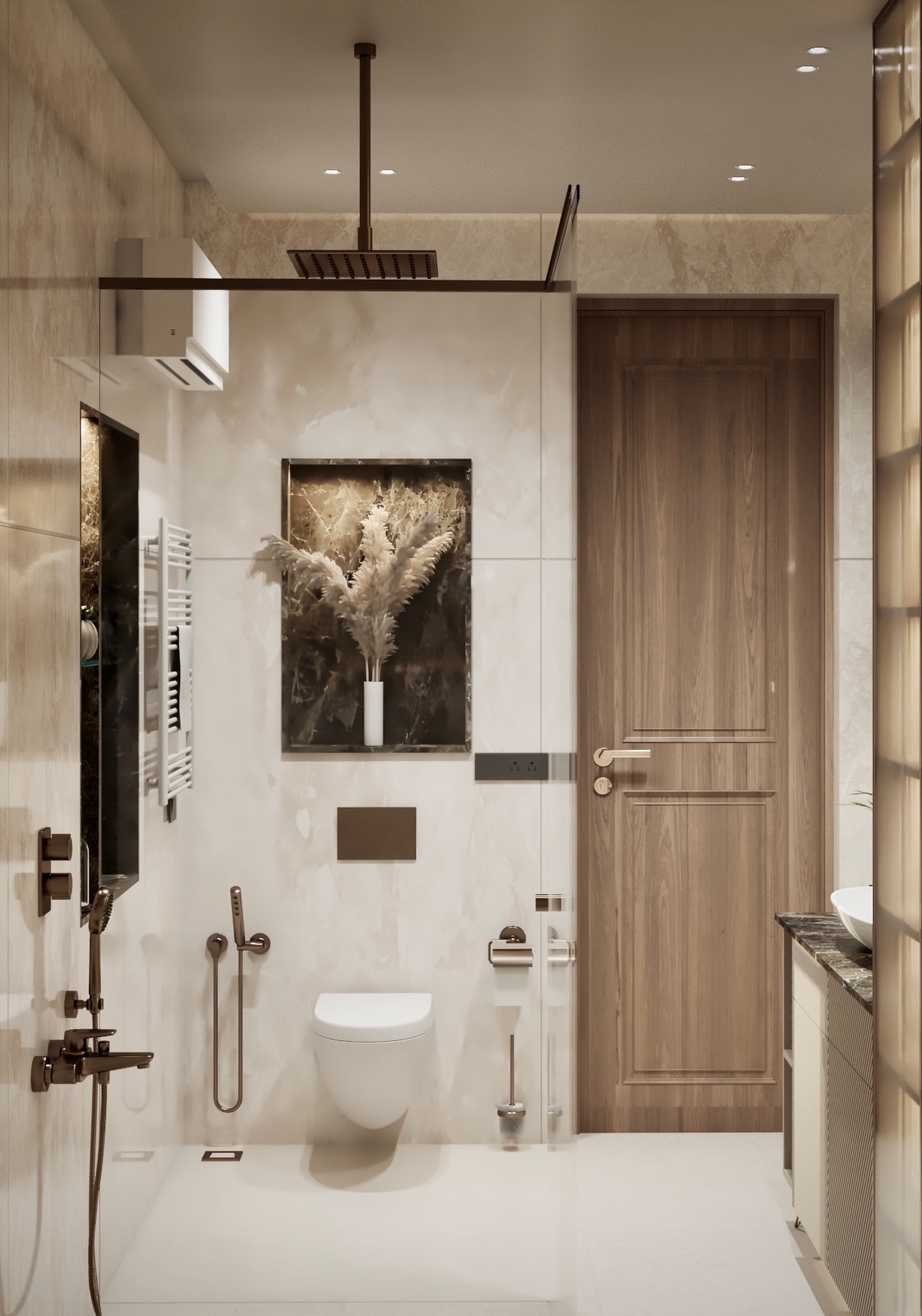 Marble-clad bathroom with brass fixtures and a niche art piece.