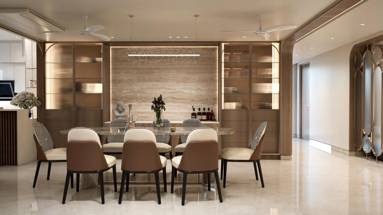 Open-plan dining area with travertine feature wall, linear chandelier, and bespoke joinery.